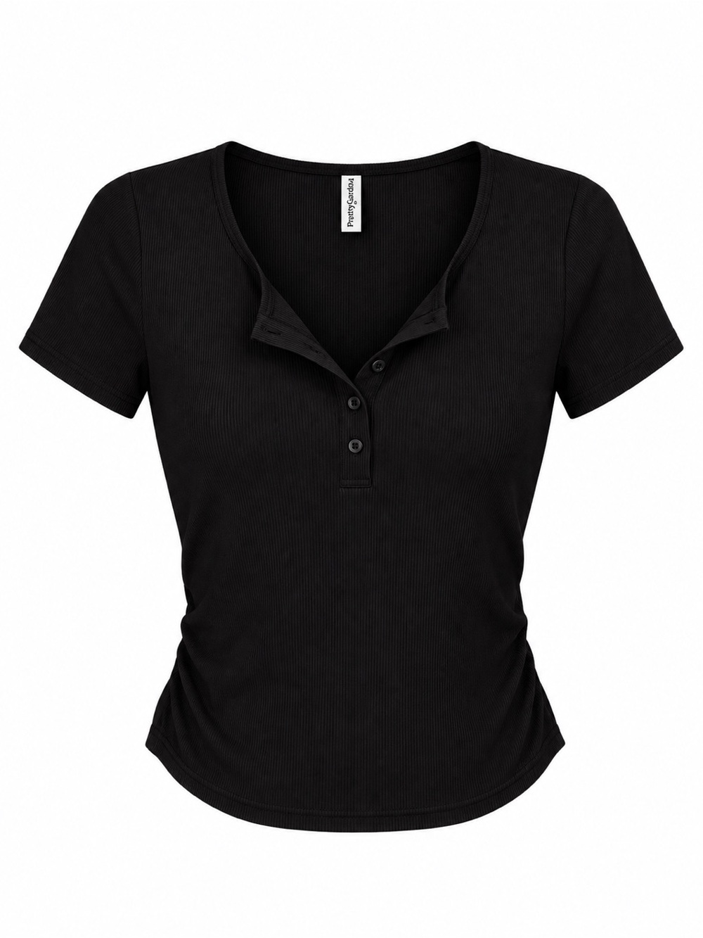 Black Ribbed Henley Short Sleeve Tee